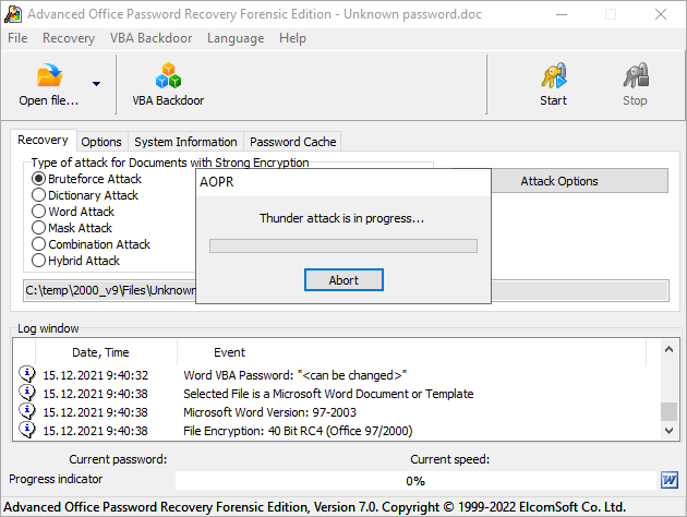 Advanced Office Password Recovery. Thunder tables attack in progress